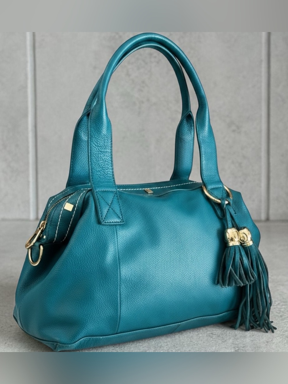 Cuore & Pelle Amelia pebbled leather teal satchel handbag tassel hardware